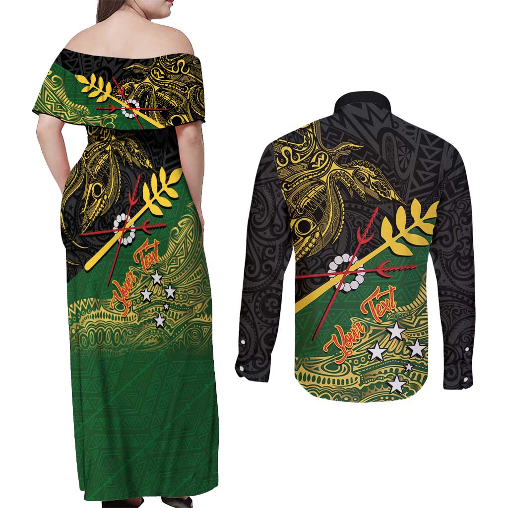 Personalized Chimpu Province Papua New Guinea Couples Matching Off Shoulder Maxi Dress and Long Sleeve Button Shirt Bird-of-paradise Art Tattoo and Melanesian Motifs - Polynesian Pride