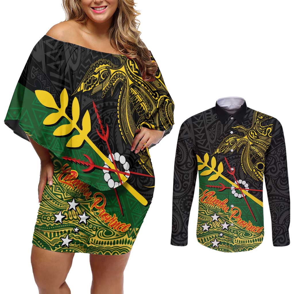 Personalized Chimpu Province Papua New Guinea Couples Matching Off Shoulder Short Dress and Long Sleeve Button Shirt Bird-of-paradise Art Tattoo and Melanesian Motifs - Polynesian Pride