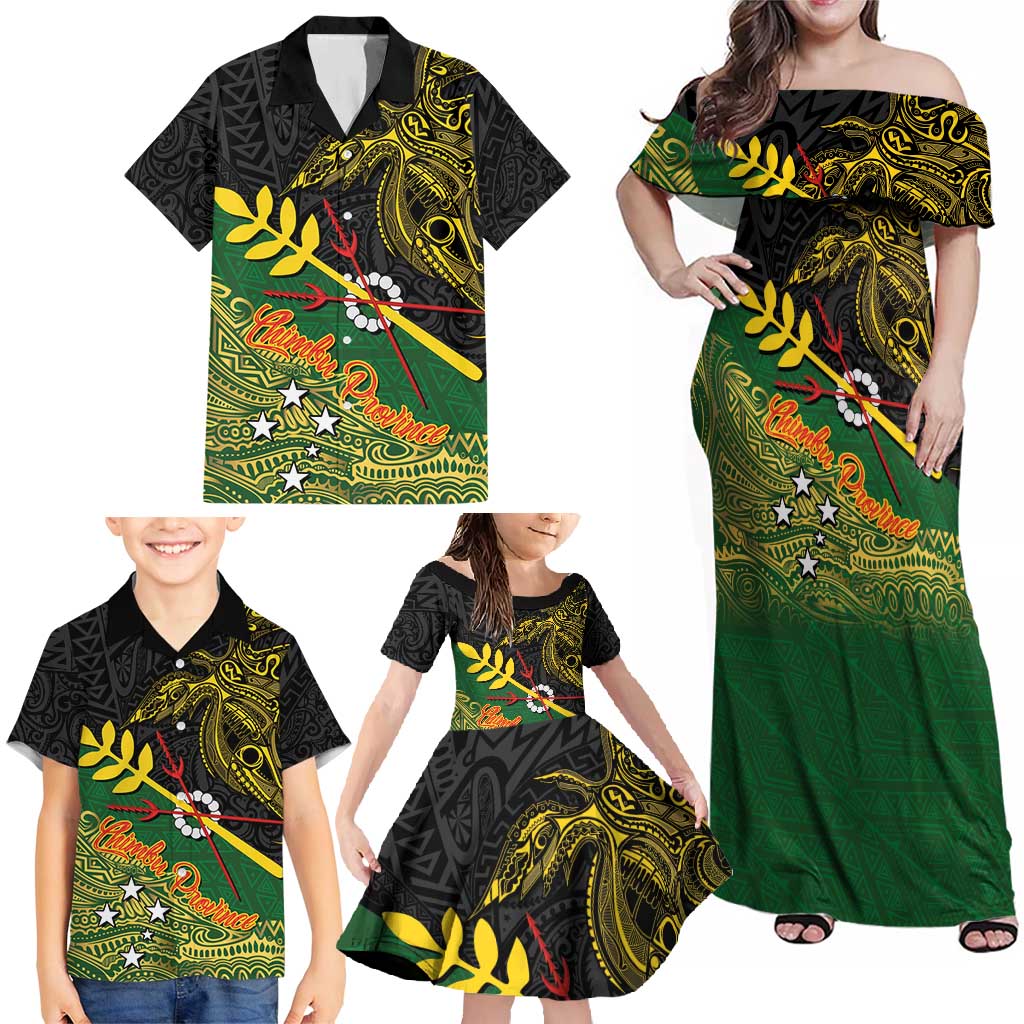 Personalized Chimpu Province Papua New Guinea Family Matching Off Shoulder Maxi Dress and Hawaiian Shirt Bird-of-paradise Art Tattoo and Melanesian Motifs - Polynesian Pride