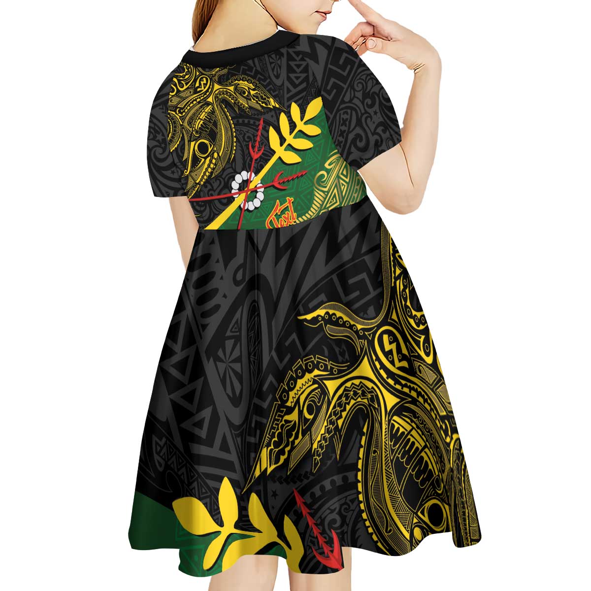 Personalized Chimpu Province Papua New Guinea Kid Short Sleeve Dress Bird-of-paradise Art Tattoo and Melanesian Motifs LT03 - Polynesian Pride