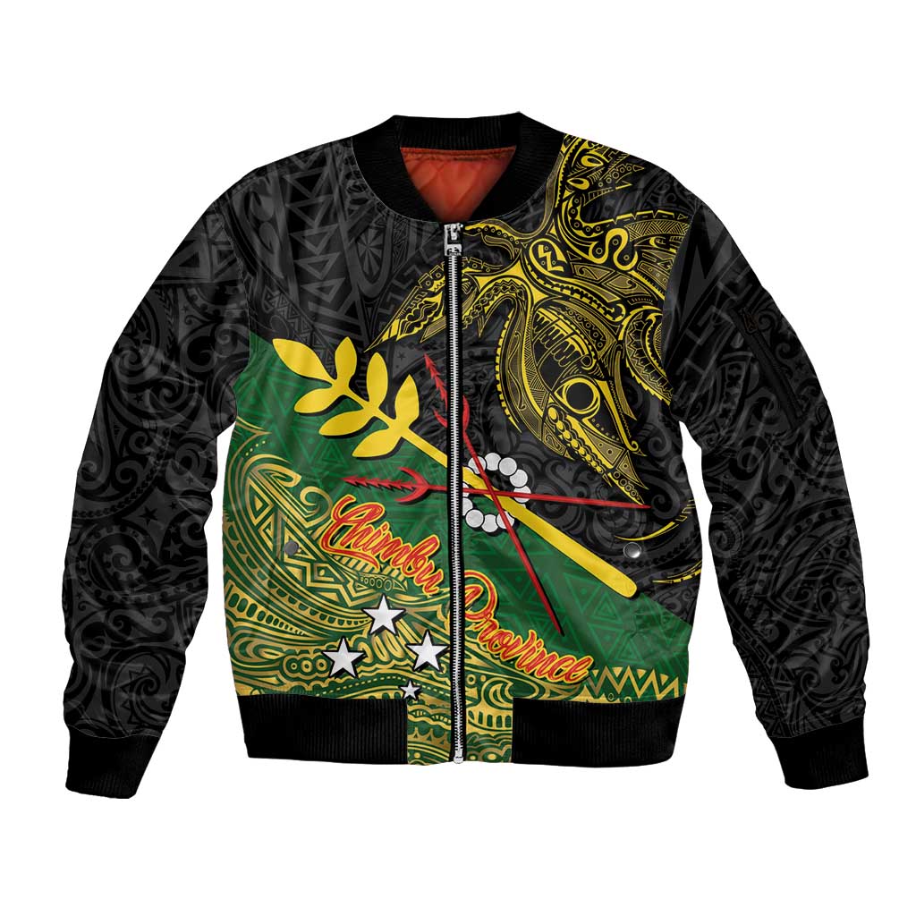 Personalized Chimpu Province Papua New Guinea Sleeve Zip Bomber Jacket Bird-of-paradise Art Tattoo and Melanesian Motifs LT03 Unisex Black - Polynesian Pride