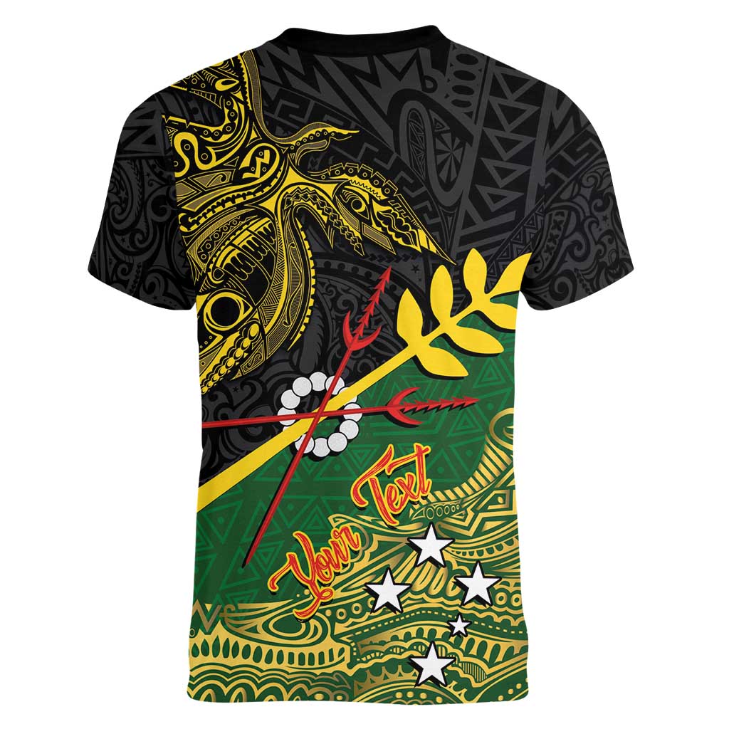 Personalized Chimpu Province Papua New Guinea Women V-Neck T-Shirt Bird-of-paradise Art Tattoo and Melanesian Motifs LT03 - Polynesian Pride