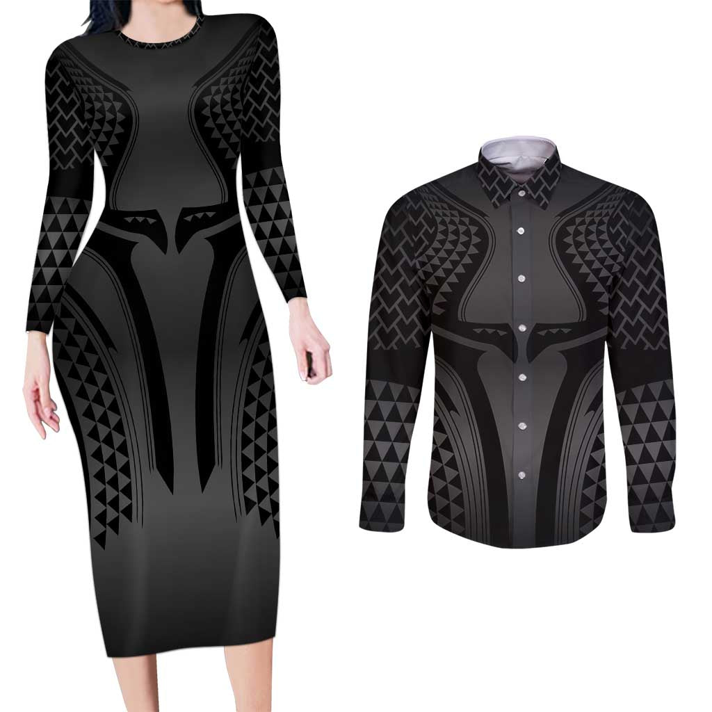 Hawaiian Kakau Art Tattoos Aquaman Style Couples Matching Long Sleeve Bodycon Dress and Long Sleeve Button Shirt Special Edition LT03 Black - Polynesian Pride