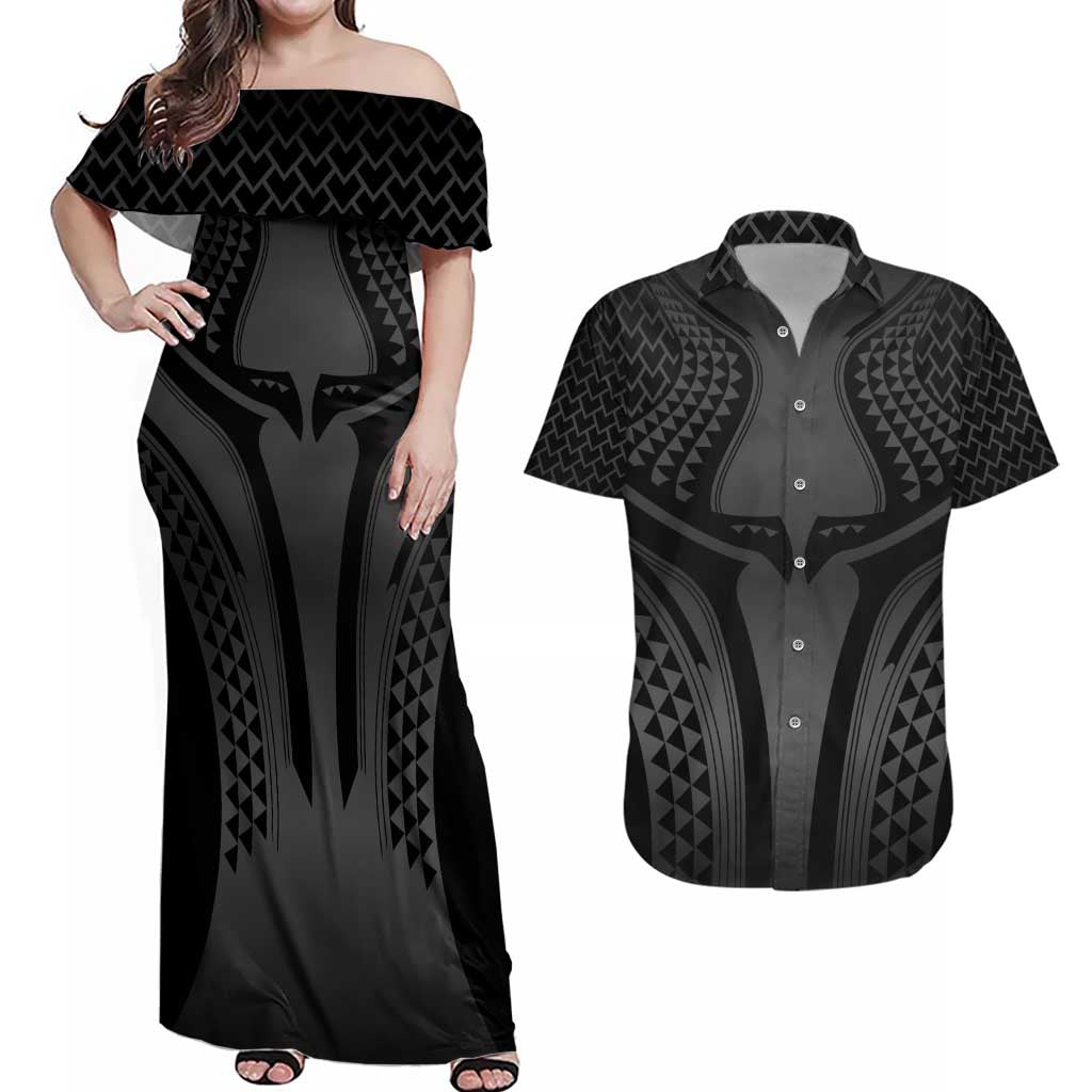 Hawaiian Kakau Art Tattoos Aquaman Style Couples Matching Off Shoulder Maxi Dress and Hawaiian Shirt Special Edition LT03 Black - Polynesian Pride