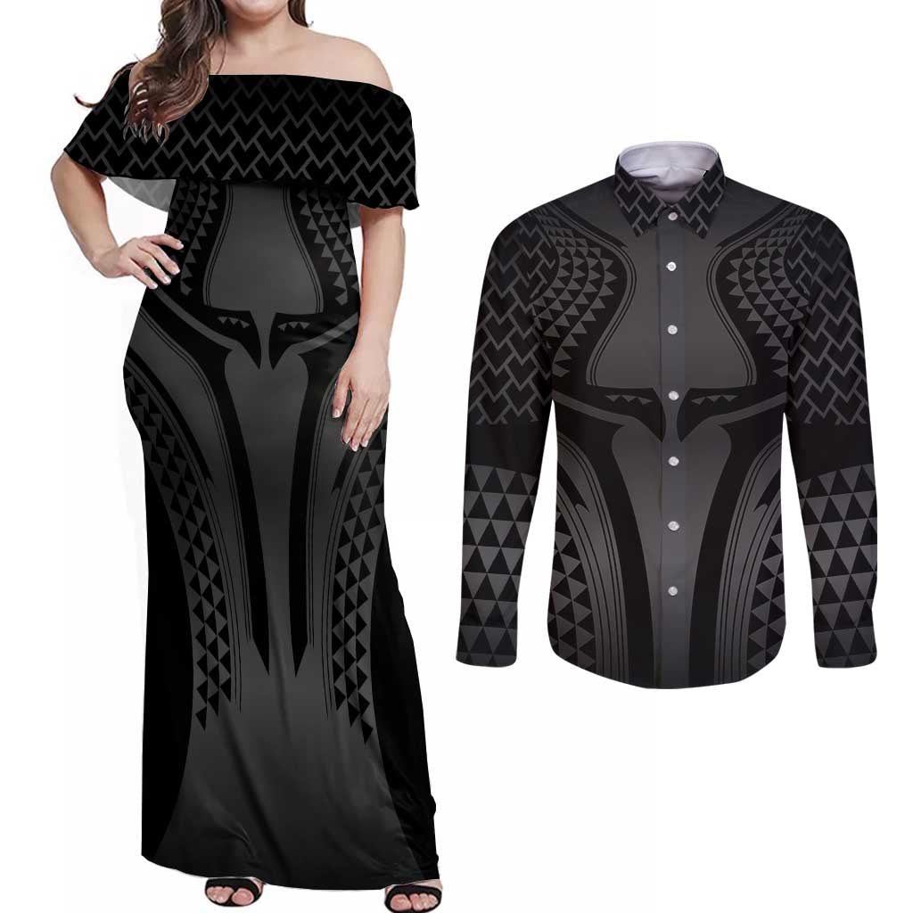 Hawaiian Kakau Art Tattoos Aquaman Style Couples Matching Off Shoulder Maxi Dress and Long Sleeve Button Shirt Special Edition LT03 Black - Polynesian Pride