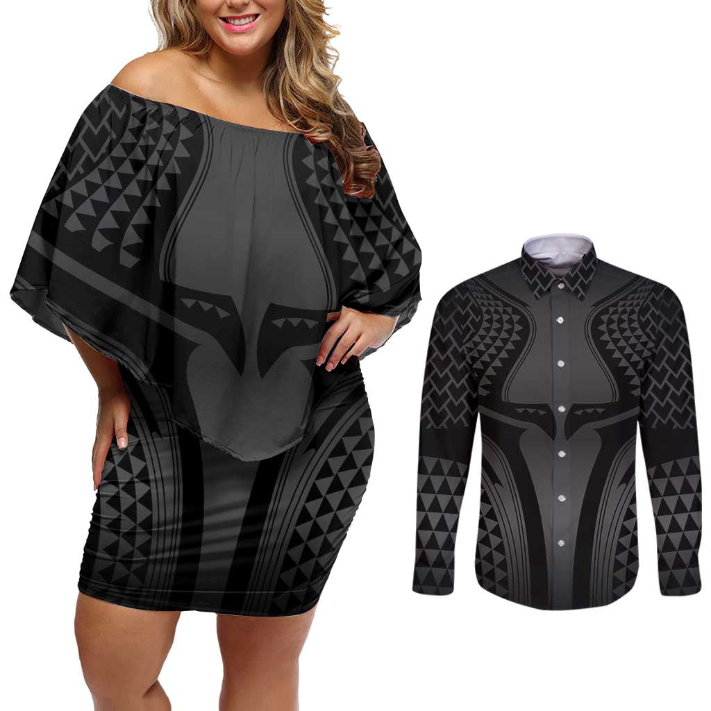 Hawaiian Kakau Art Tattoos Aquaman Style Couples Matching Off Shoulder Short Dress and Long Sleeve Button Shirt Special Edition LT03 Black - Polynesian Pride