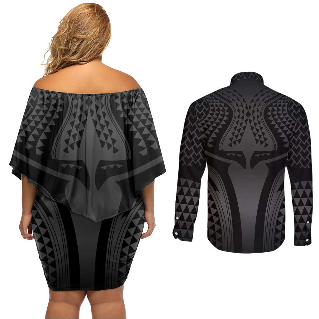 Hawaiian Kakau Art Tattoos Aquaman Style Couples Matching Off Shoulder Short Dress and Long Sleeve Button Shirt Special Edition LT03 - Polynesian Pride