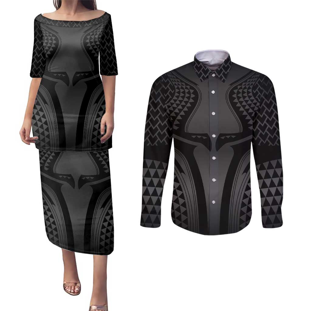 Hawaiian Kakau Art Tattoos Aquaman Style Couples Matching Puletasi and Long Sleeve Button Shirt Special Edition LT03 Black - Polynesian Pride
