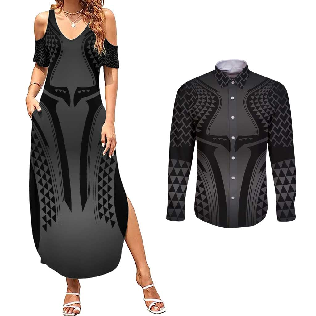 Hawaiian Kakau Art Tattoos Aquaman Style Couples Matching Summer Maxi Dress and Long Sleeve Button Shirt Special Edition LT03 Black - Polynesian Pride