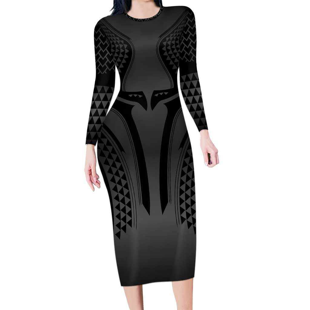 Hawaiian Kakau Art Tattoos Aquaman Style Family Matching Long Sleeve Bodycon Dress and Hawaiian Shirt Special Edition LT03 Mom's Dress Black - Polynesian Pride