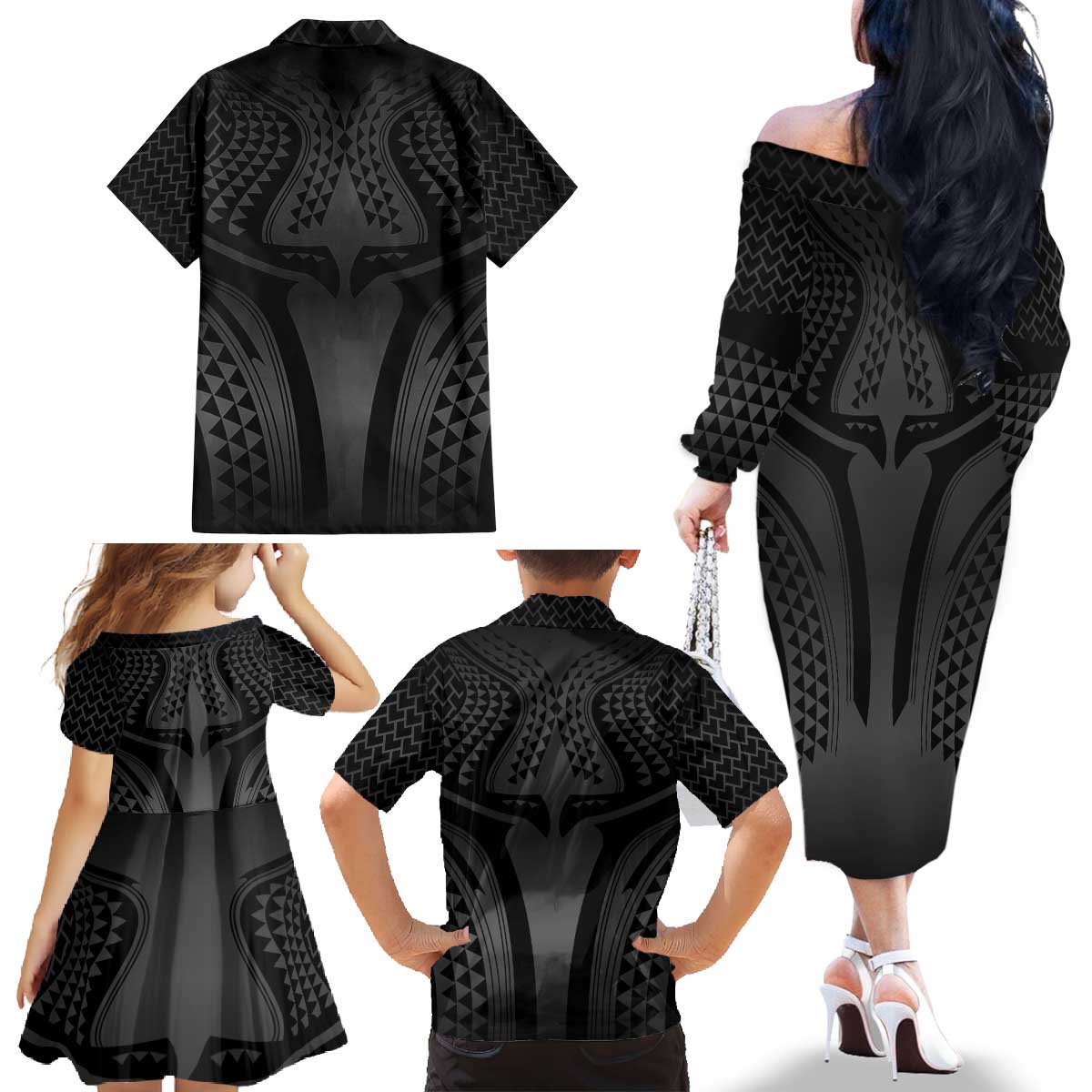 Hawaiian Kakau Art Tattoos Aquaman Style Family Matching Off The Shoulder Long Sleeve Dress and Hawaiian Shirt Special Edition LT03 - Polynesian Pride