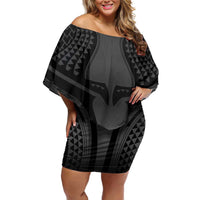 Hawaiian Kakau Art Tattoos Aquaman Style Family Matching Off Shoulder Short Dress and Hawaiian Shirt Special Edition LT03 Mom's Dress Black - Polynesian Pride