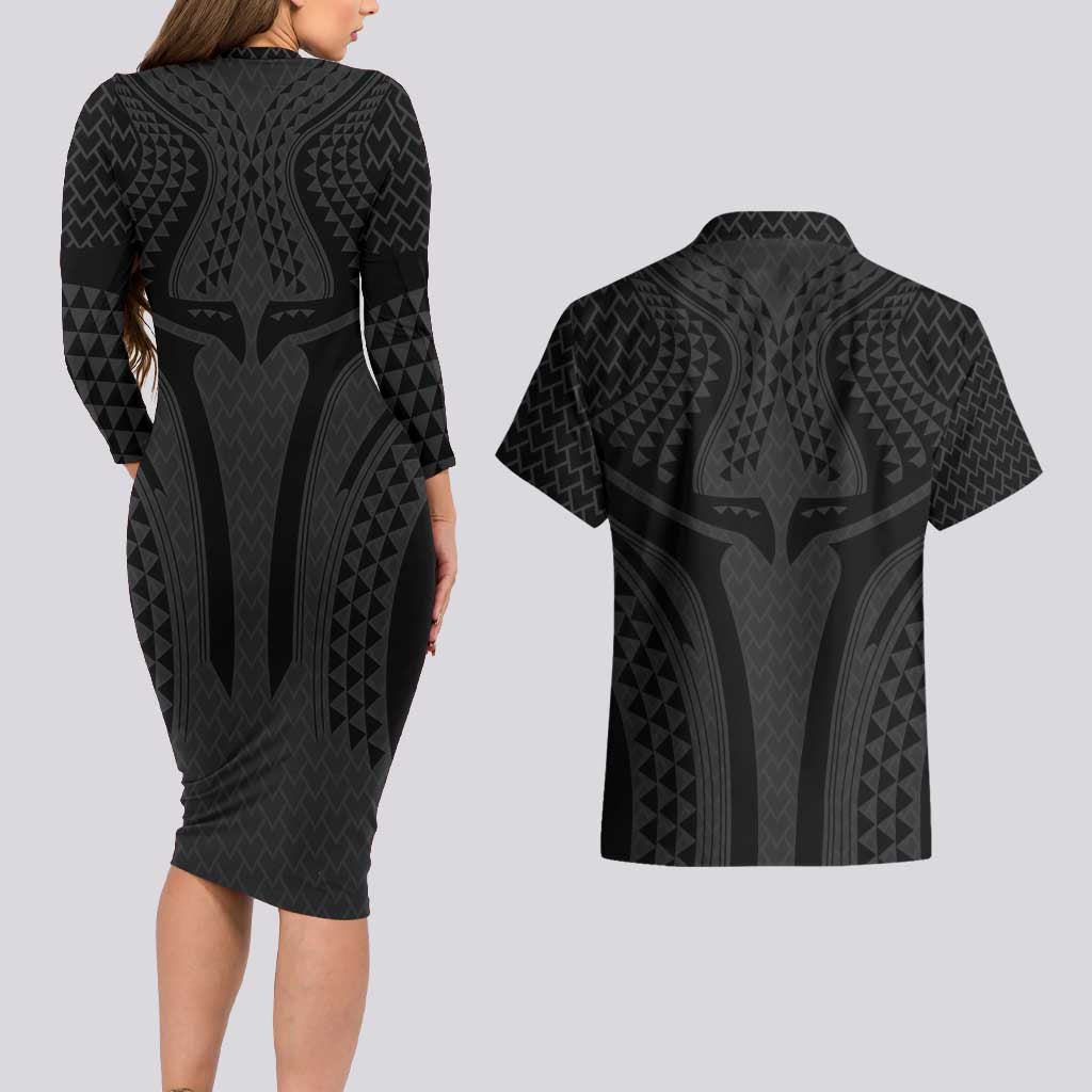 Hawaiian Kakau Art Tattoos Aquaman Style Couples Matching Long Sleeve Bodycon Dress and Hawaiian Shirt Black Version LT03 - Polynesian Pride