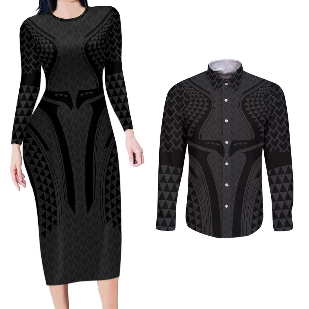 Hawaiian Kakau Art Tattoos Aquaman Style Couples Matching Long Sleeve Bodycon Dress and Long Sleeve Button Shirt Black Version LT03 Black - Polynesian Pride