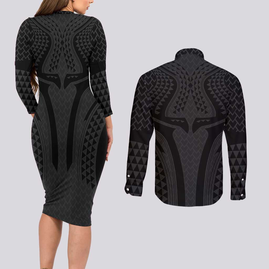 Hawaiian Kakau Art Tattoos Aquaman Style Couples Matching Long Sleeve Bodycon Dress and Long Sleeve Button Shirt Black Version LT03 - Polynesian Pride