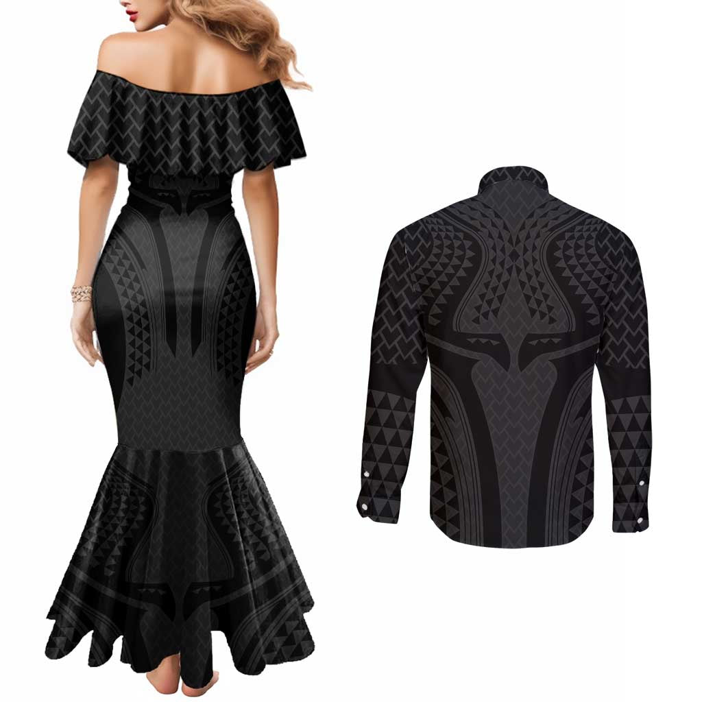 Hawaiian Kakau Art Tattoos Aquaman Style Couples Matching Mermaid Dress and Long Sleeve Button Shirt Black Version LT03 - Polynesian Pride