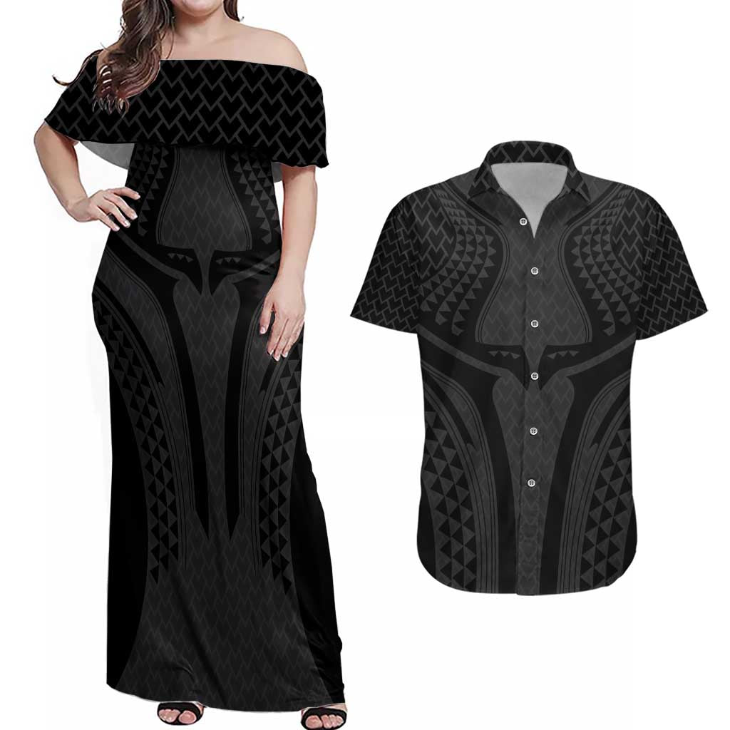 Hawaiian Kakau Art Tattoos Aquaman Style Couples Matching Off Shoulder Maxi Dress and Hawaiian Shirt Black Version LT03 Black - Polynesian Pride