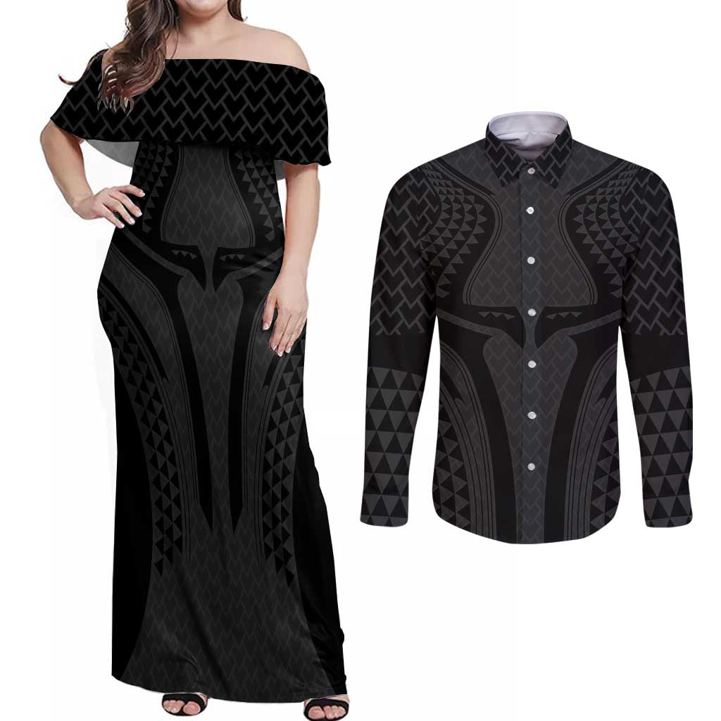 Hawaiian Kakau Art Tattoos Aquaman Style Couples Matching Off Shoulder Maxi Dress and Long Sleeve Button Shirt Black Version LT03 Black - Polynesian Pride