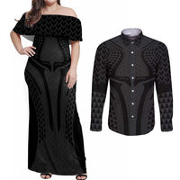 Hawaiian Kakau Art Tattoos Aquaman Style Couples Matching Off Shoulder Maxi Dress and Long Sleeve Button Shirt Black Version LT03 Black - Polynesian Pride