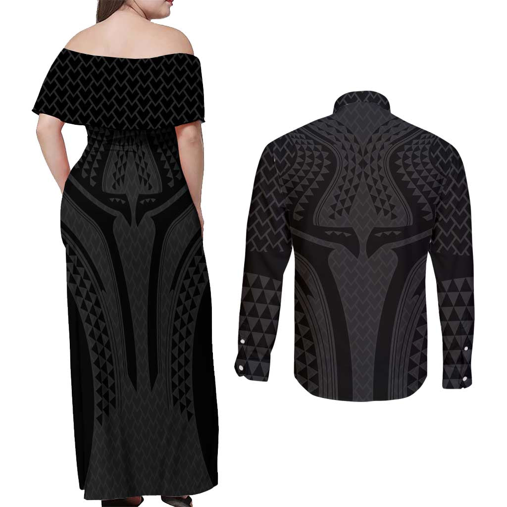 Hawaiian Kakau Art Tattoos Aquaman Style Couples Matching Off Shoulder Maxi Dress and Long Sleeve Button Shirt Black Version LT03 - Polynesian Pride