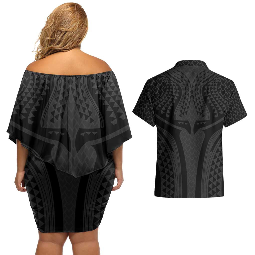 Hawaiian Kakau Art Tattoos Aquaman Style Couples Matching Off Shoulder Short Dress and Hawaiian Shirt Black Version LT03 - Polynesian Pride
