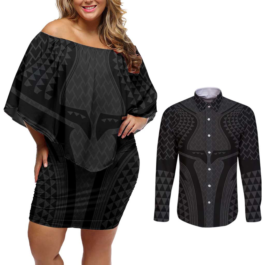 Hawaiian Kakau Art Tattoos Aquaman Style Couples Matching Off Shoulder Short Dress and Long Sleeve Button Shirt Black Version LT03 Black - Polynesian Pride