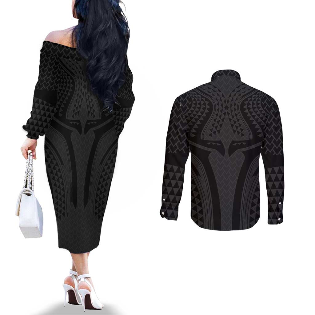 Hawaiian Kakau Art Tattoos Aquaman Style Couples Matching Off The Shoulder Long Sleeve Dress and Long Sleeve Button Shirt Black Version LT03 - Polynesian Pride