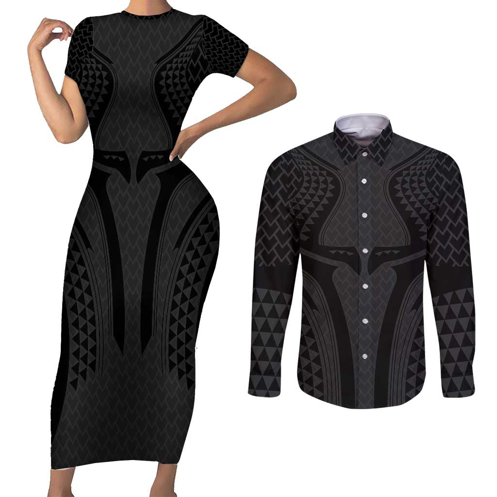 Hawaiian Kakau Art Tattoos Aquaman Style Couples Matching Short Sleeve Bodycon Dress and Long Sleeve Button Shirt Black Version LT03 Black - Polynesian Pride