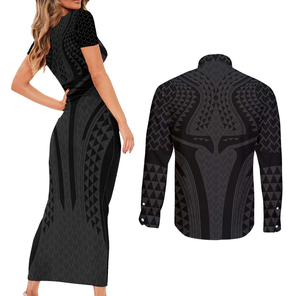 Hawaiian Kakau Art Tattoos Aquaman Style Couples Matching Short Sleeve Bodycon Dress and Long Sleeve Button Shirt Black Version LT03 - Polynesian Pride