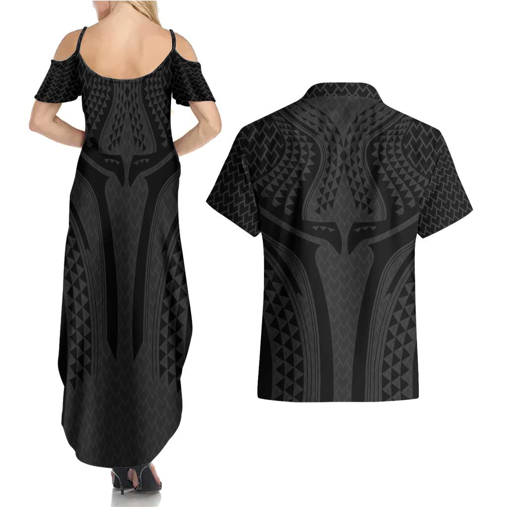 Hawaiian Kakau Art Tattoos Aquaman Style Couples Matching Summer Maxi Dress and Hawaiian Shirt Black Version LT03 - Polynesian Pride