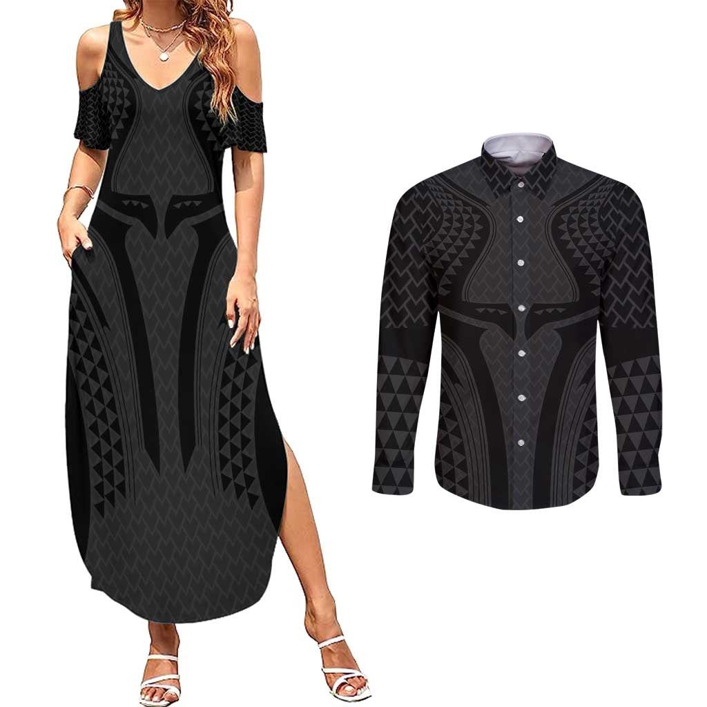 Hawaiian Kakau Art Tattoos Aquaman Style Couples Matching Summer Maxi Dress and Long Sleeve Button Shirt Black Version LT03 Black - Polynesian Pride