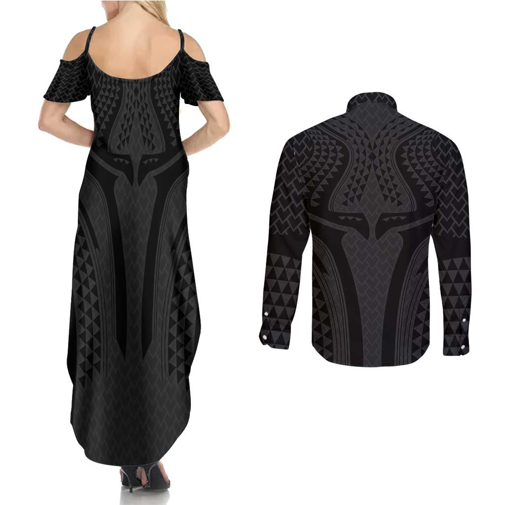 Hawaiian Kakau Art Tattoos Aquaman Style Couples Matching Summer Maxi Dress and Long Sleeve Button Shirt Black Version LT03 - Polynesian Pride