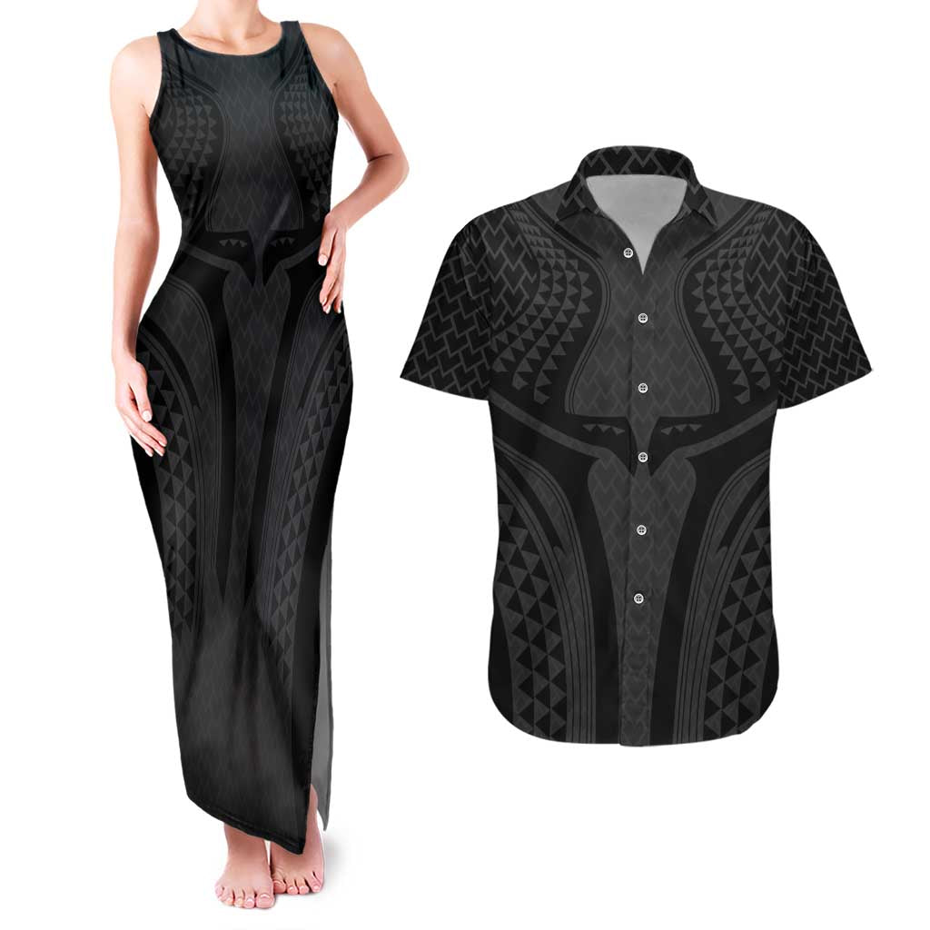 Hawaiian Kakau Art Tattoos Aquaman Style Couples Matching Tank Maxi Dress and Hawaiian Shirt Black Version LT03 Black - Polynesian Pride