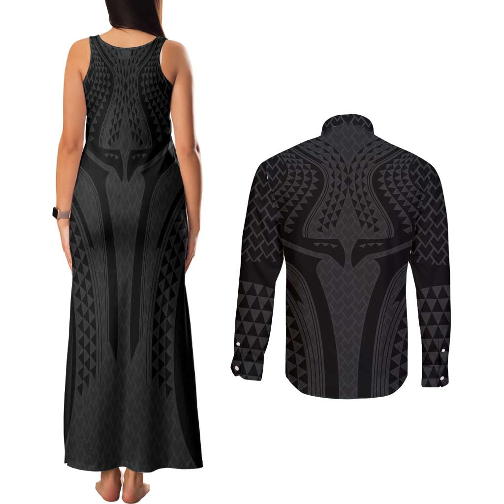 Hawaiian Kakau Art Tattoos Aquaman Style Couples Matching Tank Maxi Dress and Long Sleeve Button Shirt Black Version LT03 - Polynesian Pride