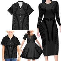 Hawaiian Kakau Art Tattoos Aquaman Style Family Matching Long Sleeve Bodycon Dress and Hawaiian Shirt Black Version LT03 - Polynesian Pride