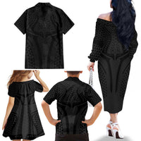 Hawaiian Kakau Art Tattoos Aquaman Style Family Matching Off The Shoulder Long Sleeve Dress and Hawaiian Shirt Black Version LT03 - Polynesian Pride