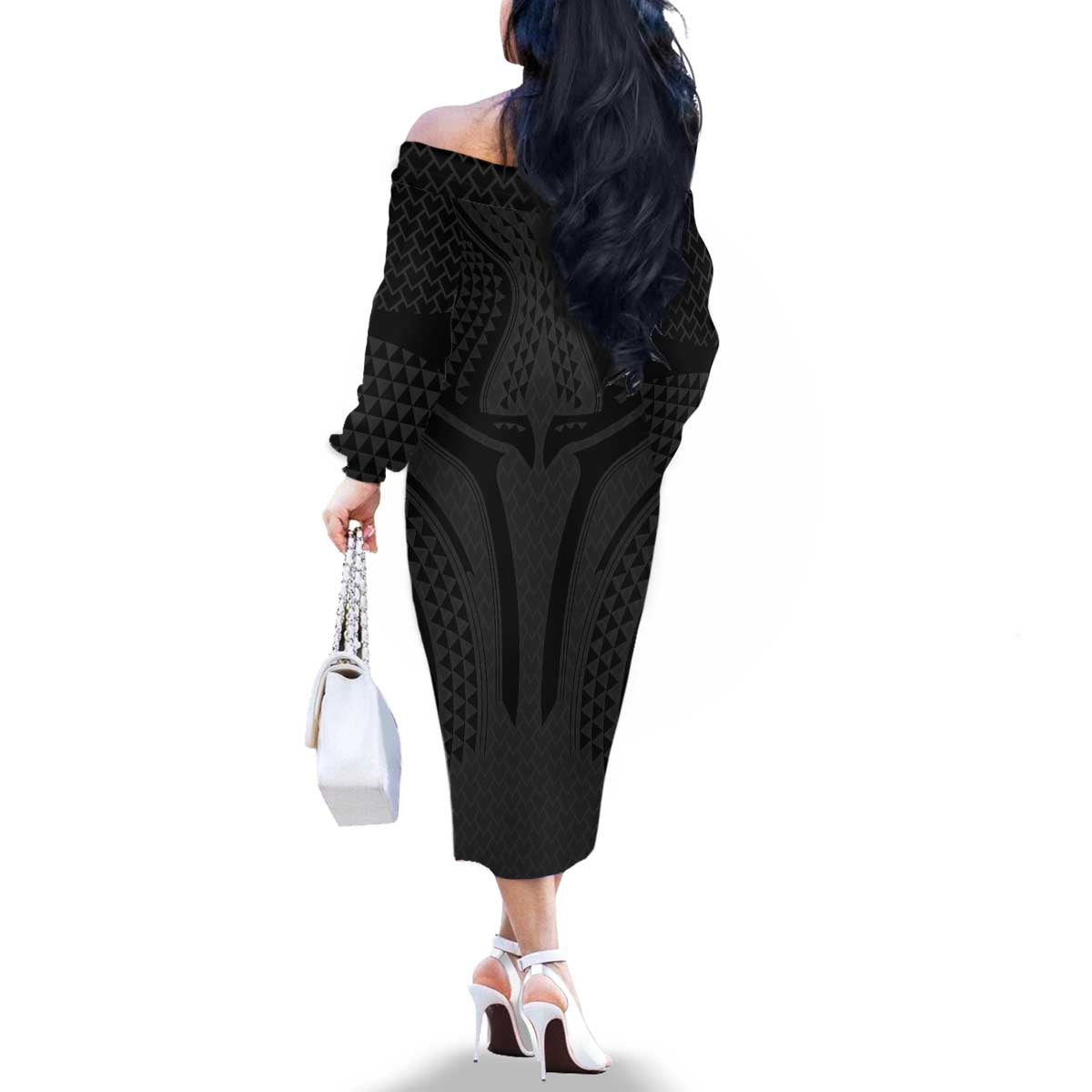 Hawaiian Kakau Art Tattoos Aquaman Style Family Matching Off The Shoulder Long Sleeve Dress and Hawaiian Shirt Black Version LT03 - Polynesian Pride