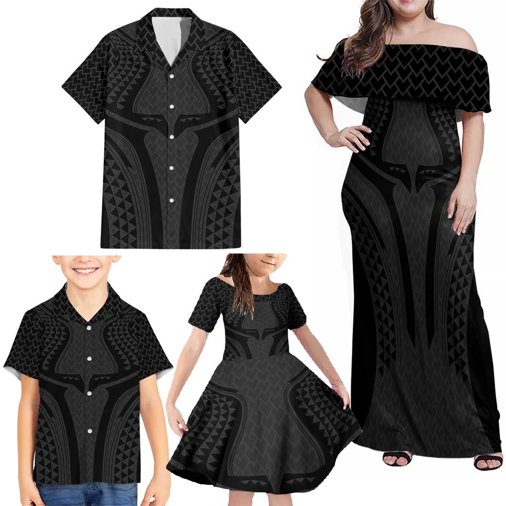 Hawaiian Kakau Art Tattoos Aquaman Style Family Matching Off Shoulder Maxi Dress and Hawaiian Shirt Black Version LT03 - Polynesian Pride