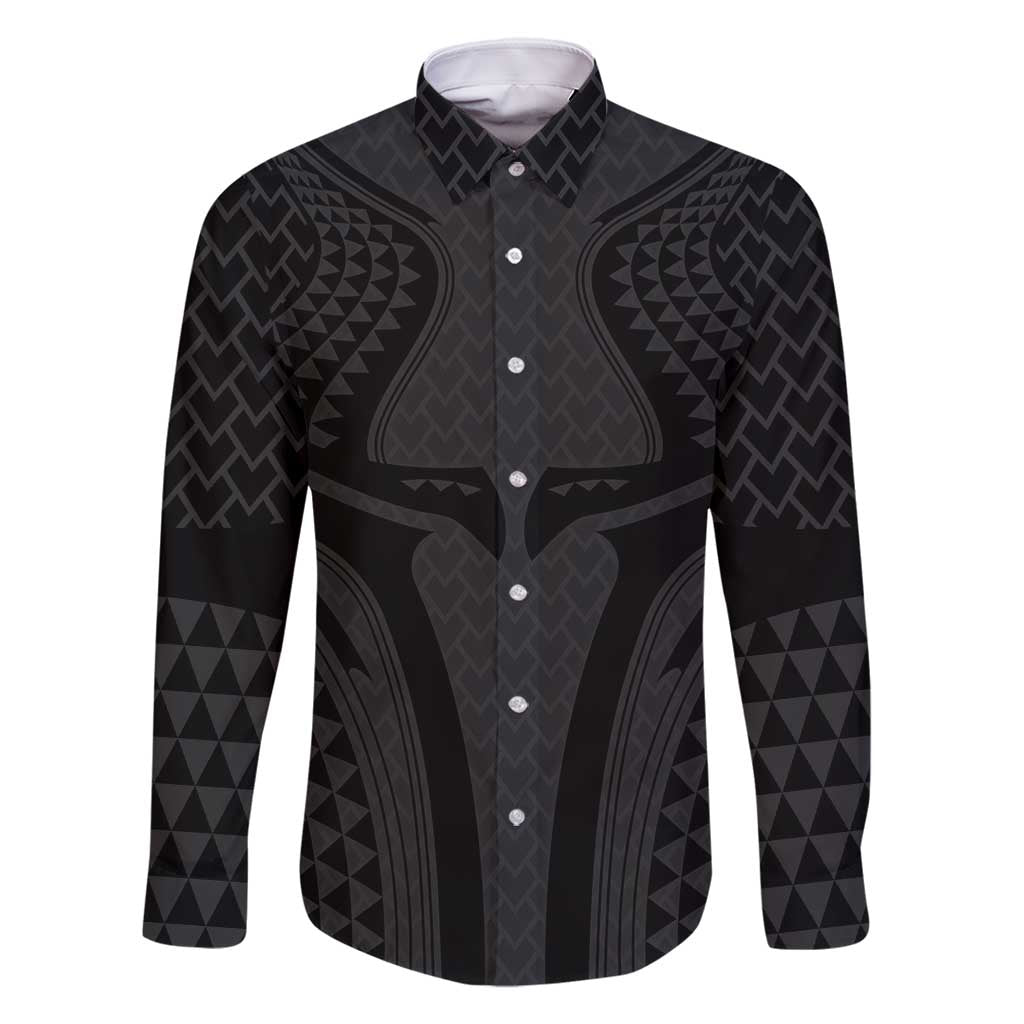 Hawaiian Kakau Art Tattoos Aquaman Style Family Matching Off Shoulder Maxi Dress and Hawaiian Shirt Black Version LT03 Dad's Shirt - Long Sleeve Black - Polynesian Pride