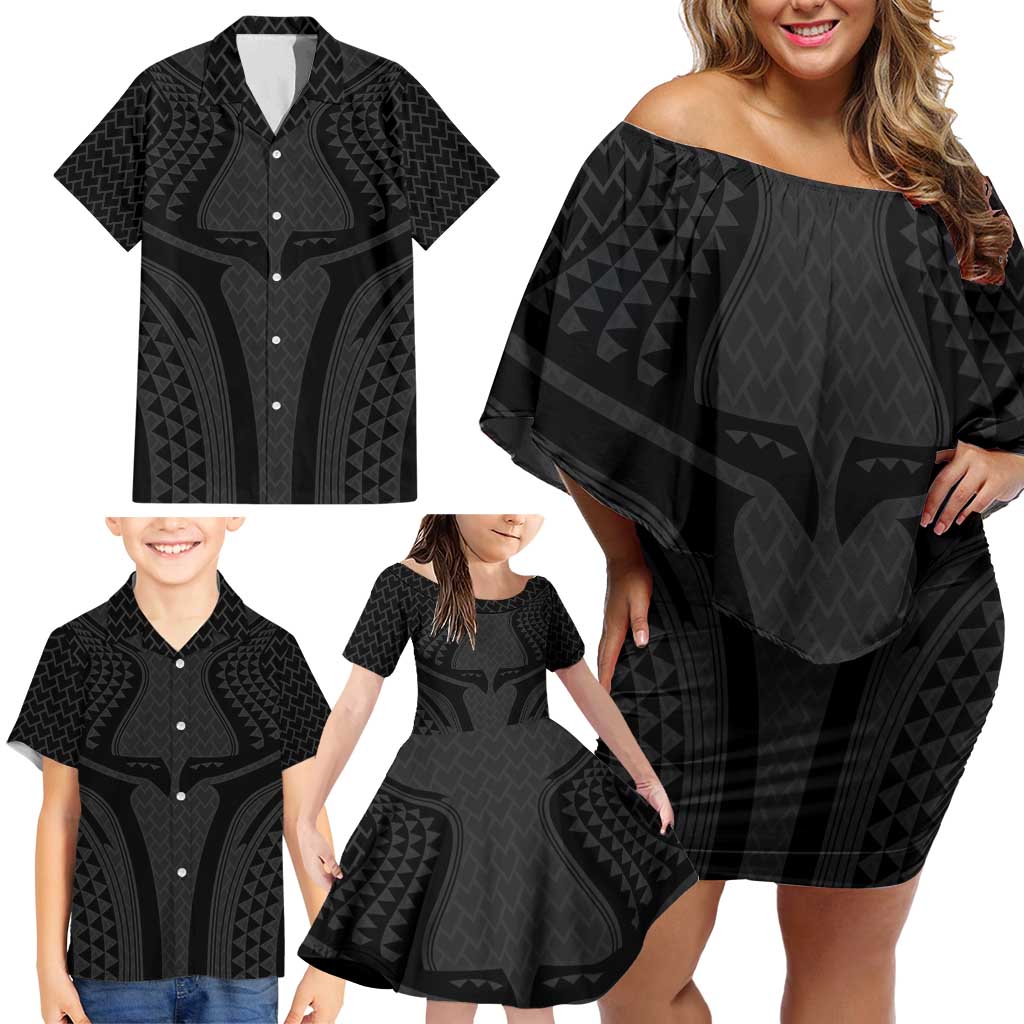 Hawaiian Kakau Art Tattoos Aquaman Style Family Matching Off Shoulder Short Dress and Hawaiian Shirt Black Version LT03 - Polynesian Pride