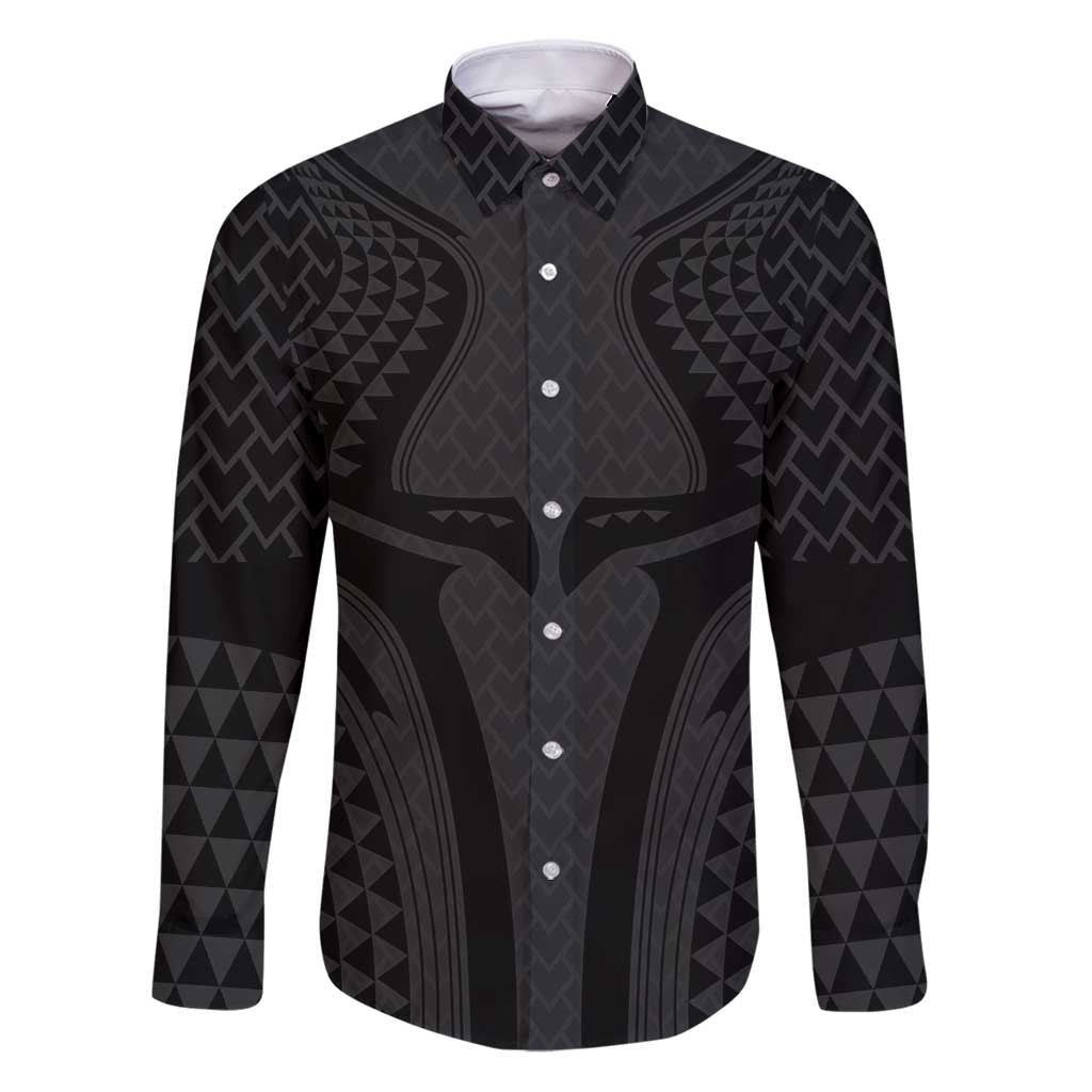 Hawaiian Kakau Art Tattoos Aquaman Style Family Matching Puletasi and Hawaiian Shirt Black Version LT03 Dad's Shirt - Long Sleeve Black - Polynesian Pride