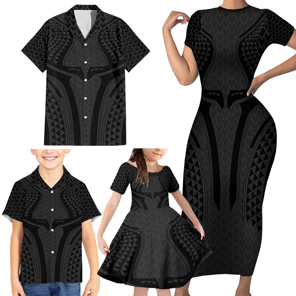 Hawaiian Kakau Art Tattoos Aquaman Style Family Matching Short Sleeve Bodycon Dress and Hawaiian Shirt Black Version LT03 - Polynesian Pride