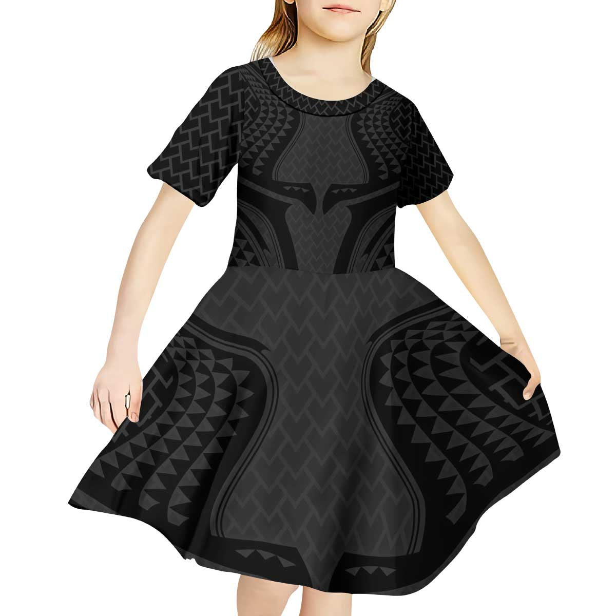 Hawaiian Kakau Art Tattoos Aquaman Style Kid Short Sleeve Dress Black Version - Polynesian Pride