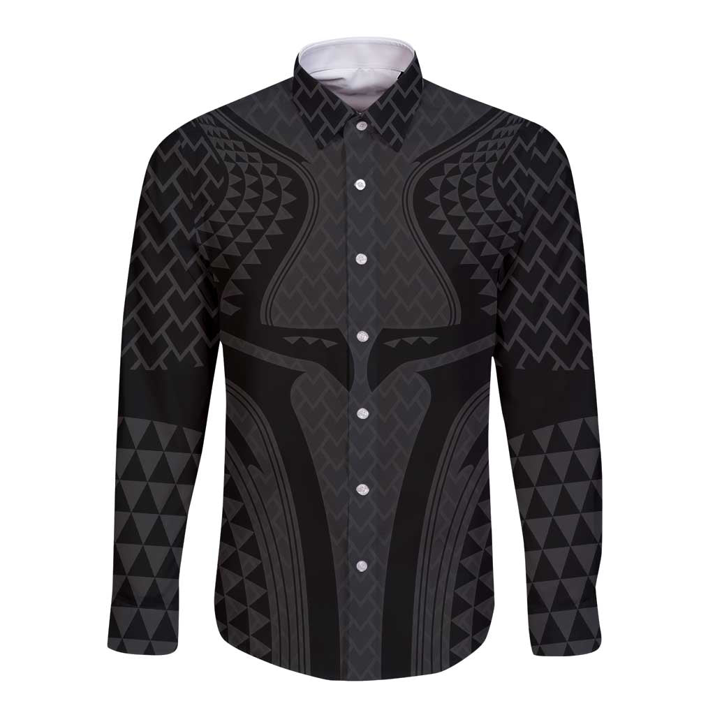 Hawaiian Kakau Art Tattoos Aquaman Style Long Sleeve Button Shirt Black Version - Polynesian Pride