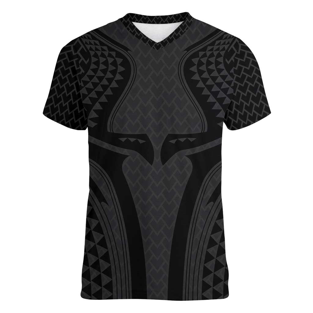 Hawaiian Kakau Art Tattoos Aquaman Style Women V-Neck T-Shirt Black Version LT03 Female Black - Polynesian Pride