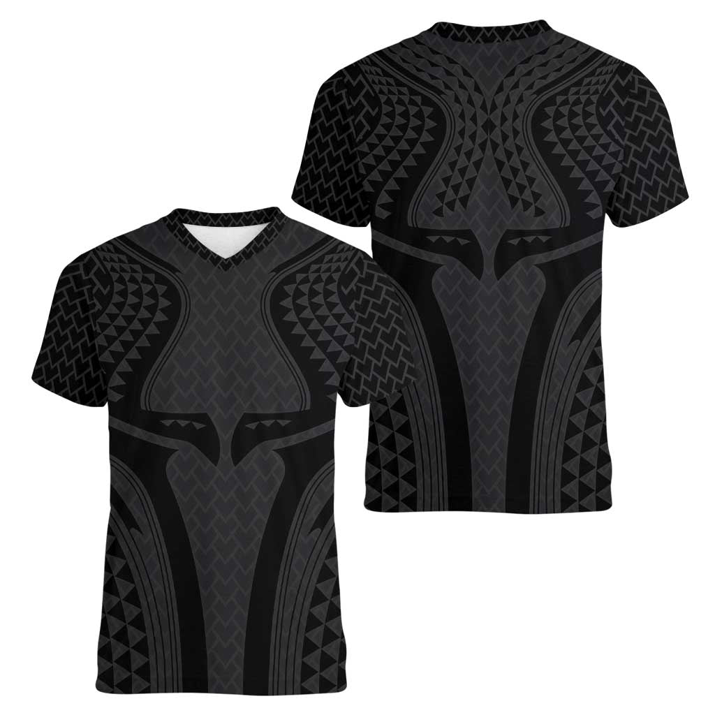 Hawaiian Kakau Art Tattoos Aquaman Style Women V-Neck T-Shirt Black Version LT03 - Polynesian Pride