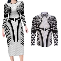 Hawaiian Kakau Art Tattoos Aquaman Style Couples Matching Long Sleeve Bodycon Dress and Long Sleeve Button Shirt White Version LT03 White - Polynesian Pride