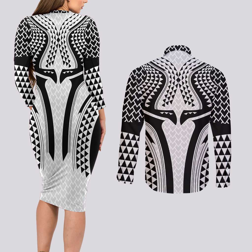 Hawaiian Kakau Art Tattoos Aquaman Style Couples Matching Long Sleeve Bodycon Dress and Long Sleeve Button Shirt White Version LT03 - Polynesian Pride