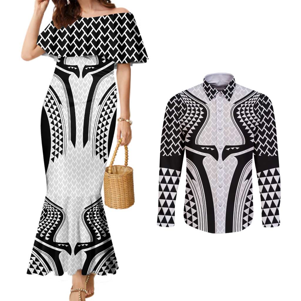 Hawaiian Kakau Art Tattoos Aquaman Style Couples Matching Mermaid Dress and Long Sleeve Button Shirt White Version LT03 White - Polynesian Pride