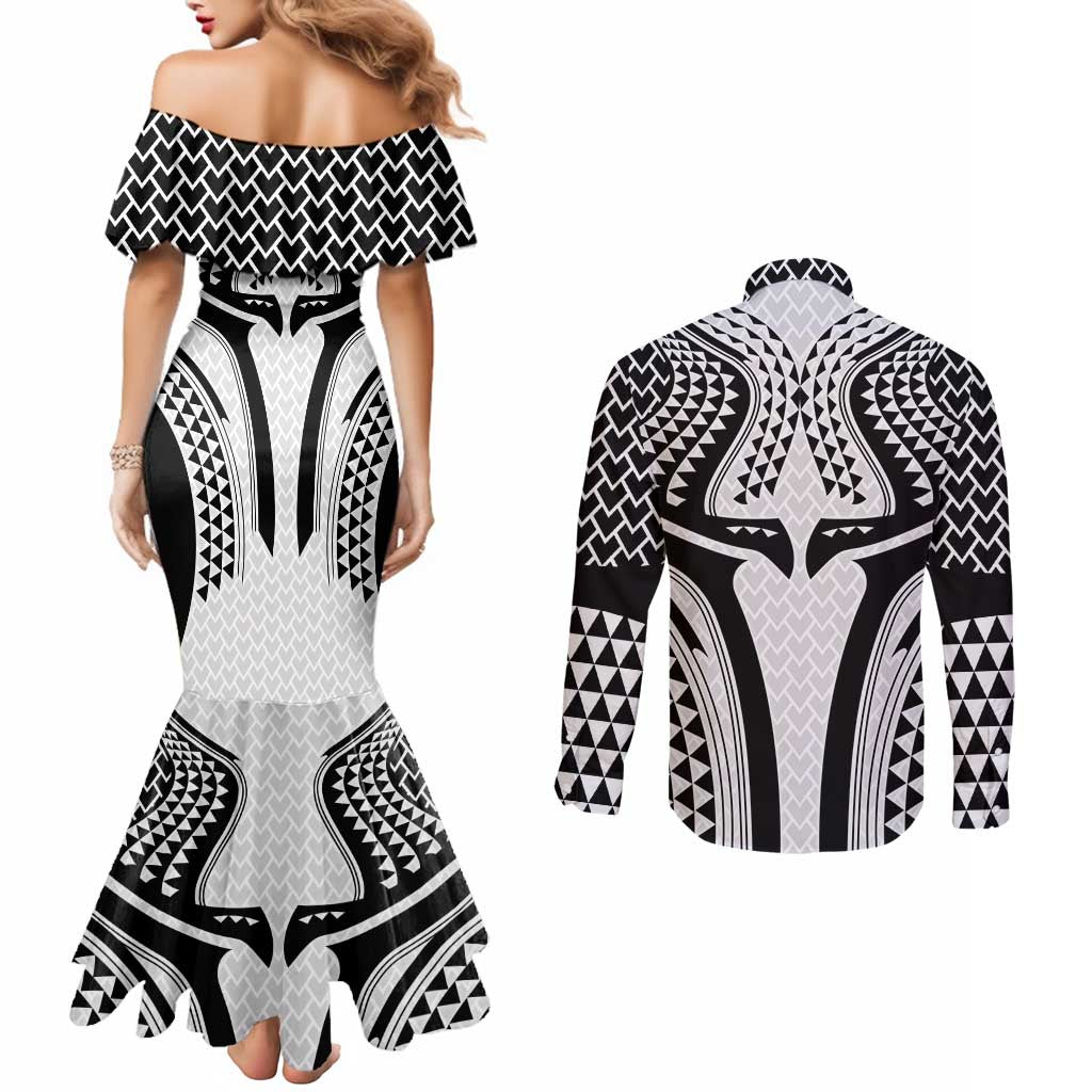 Hawaiian Kakau Art Tattoos Aquaman Style Couples Matching Mermaid Dress and Long Sleeve Button Shirt White Version LT03 - Polynesian Pride